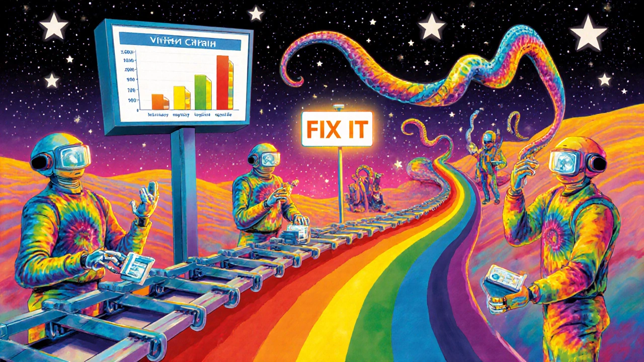 AI robots and operators monitoring floating charts on a vibrant production line with a rainbow CAPA road.