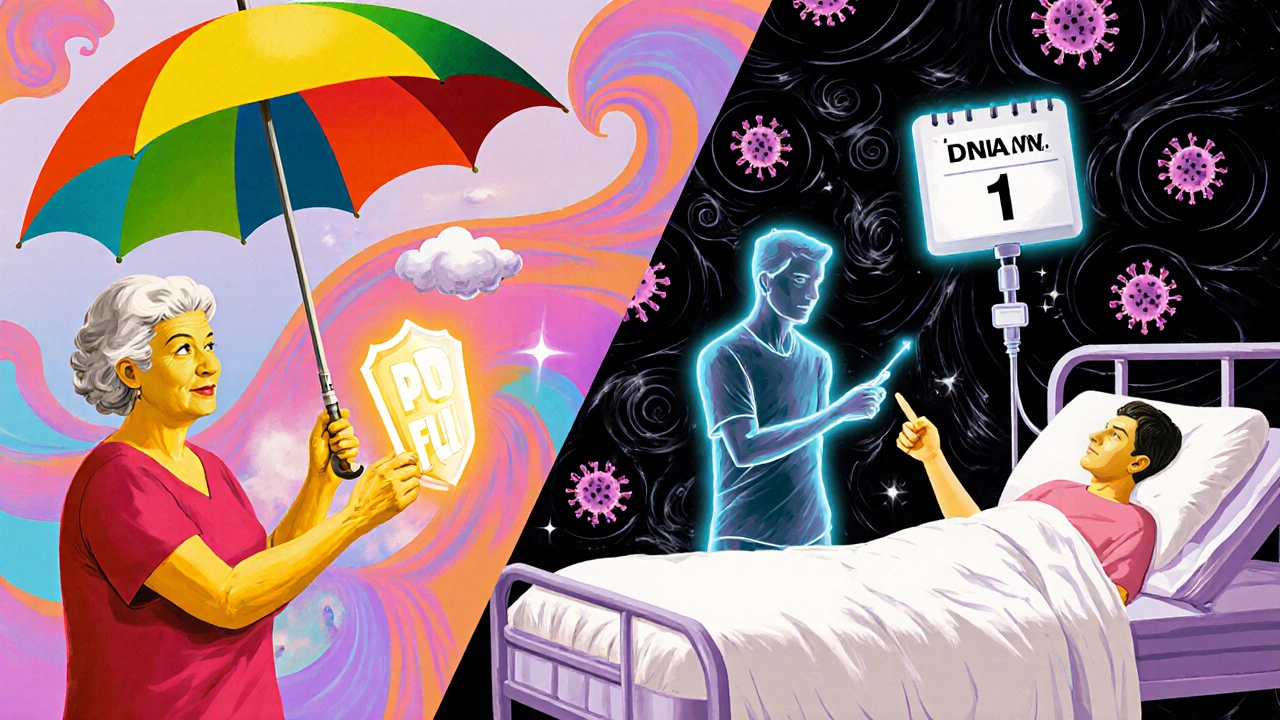 An elderly woman protected by a flu shot on one side, and a hospitalized patient with flu complications on the other, in vibrant psychedelic style.