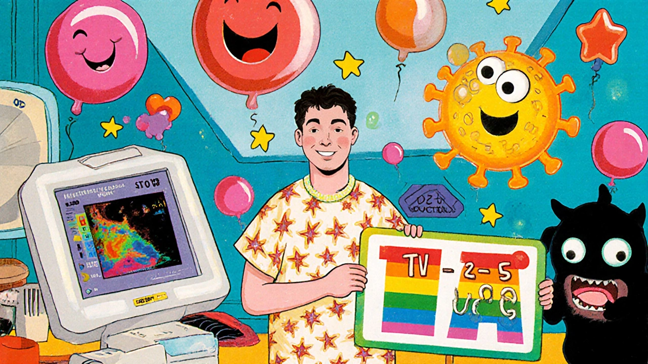 Cartoon blood cells and medical icons dancing around a DEXA scan and ultrasound, with a friendly TTV virus holding a rainbow sign.