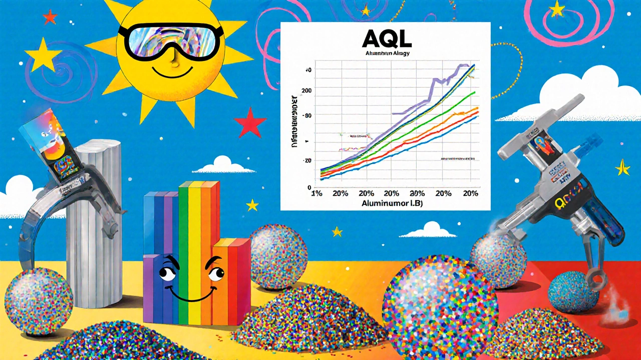 Cheerful oversized tools inspecting rainbow-colored raw materials under a sky with AQL thresholds.