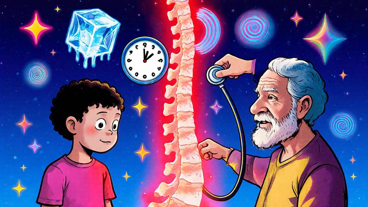 Child and elder on either side of a red line across a spine with medical icons.