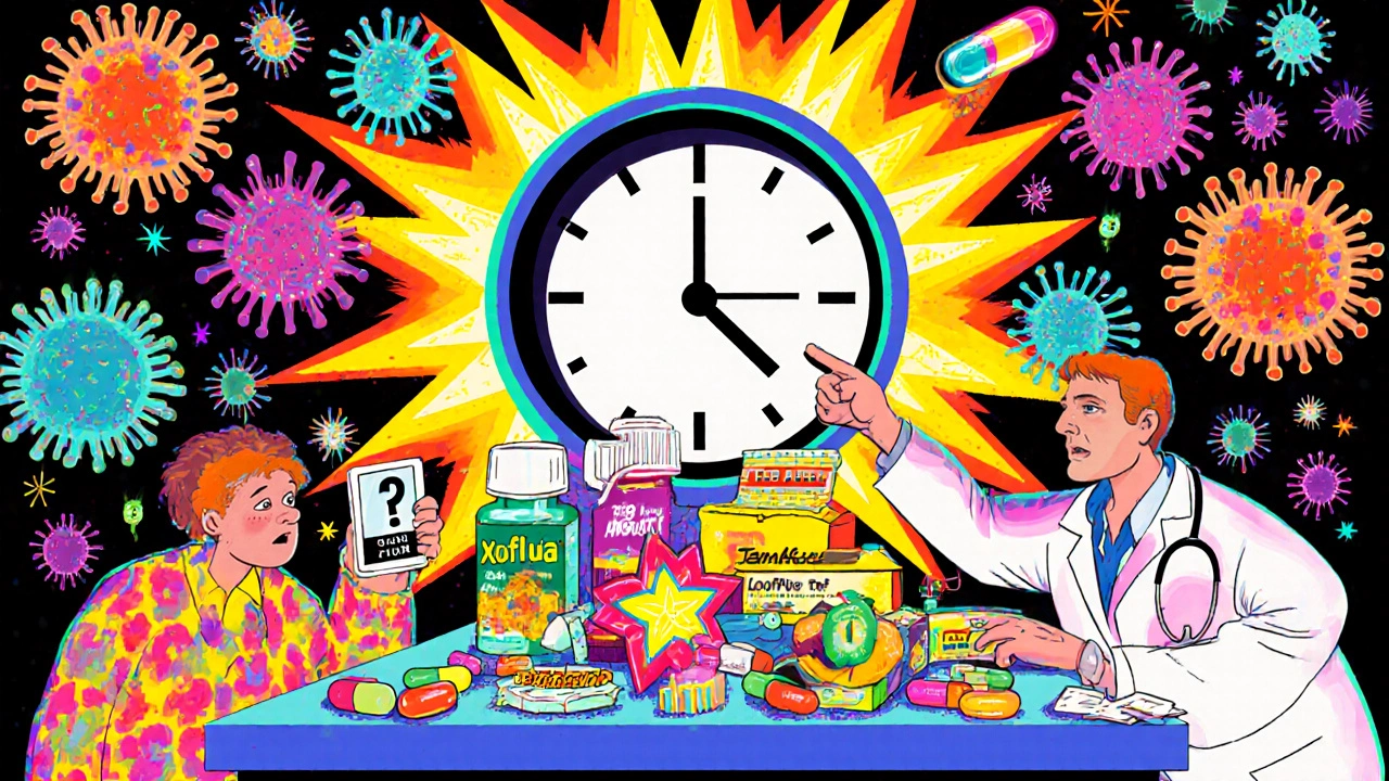 Colorful antiviral medications and a rapid test kit at a pharmacy, with a clock counting down to 48 hours.