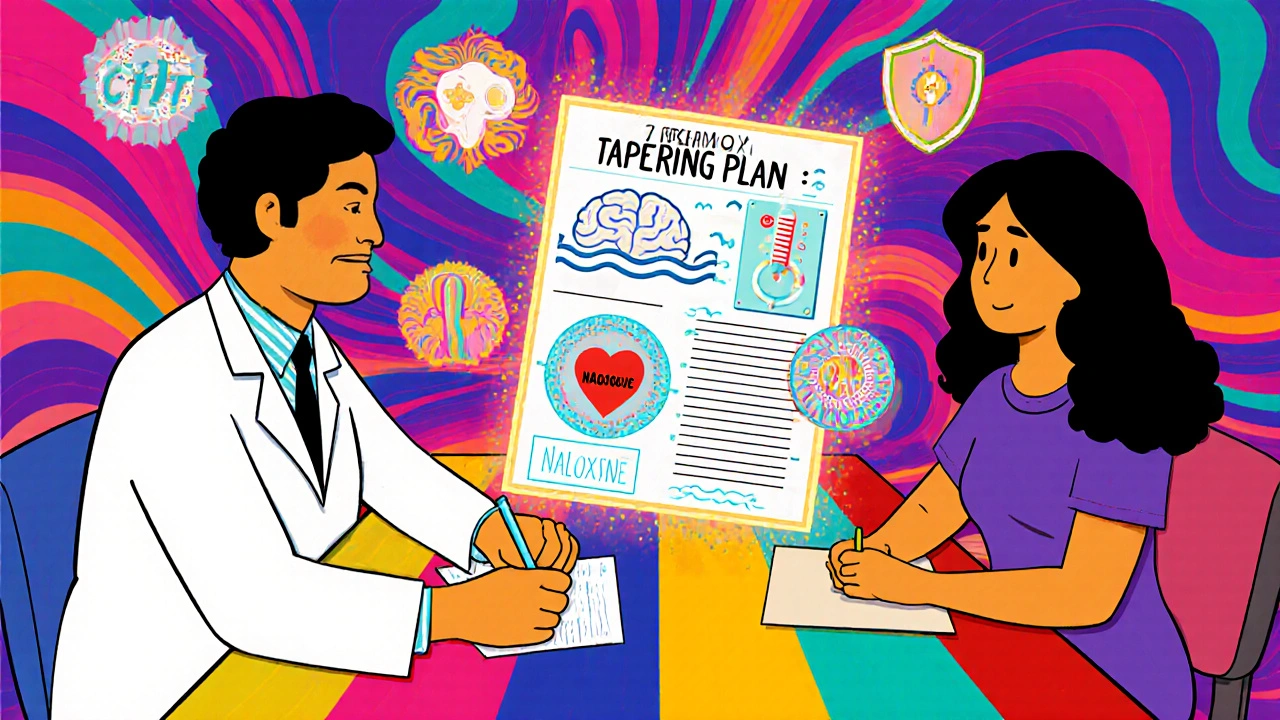 Doctor and patient signing a rainbow-striped tapering plan with healing symbols.