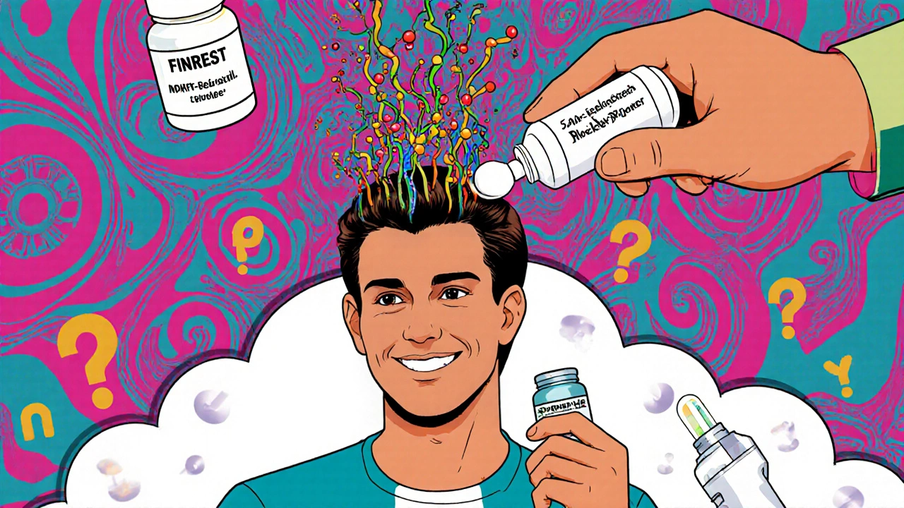 Man applying minoxidil while DHT is crushed by a giant hand, surrounded by psychedelic patterns.