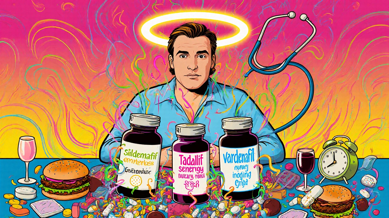Man at table with ED pills and chaotic food/drinks in vibrant pop art style