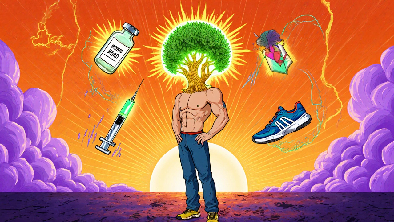 Man beside implant device with alternatives like testosterone and sneakers in colorful backdrop