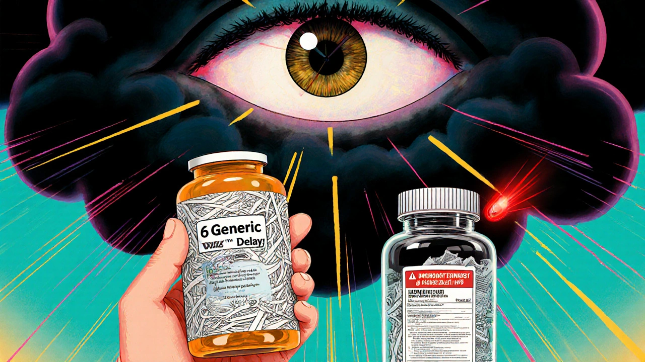 Patient holding generic pill as a delay clock looms, while AI scans labels and light breaks through reform clouds.