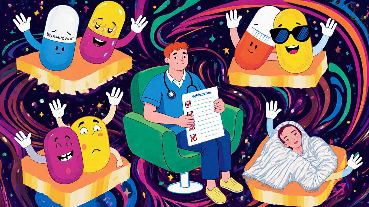 Patient on floating chair surrounded by friendly, personified antidepressant pills in a surreal office