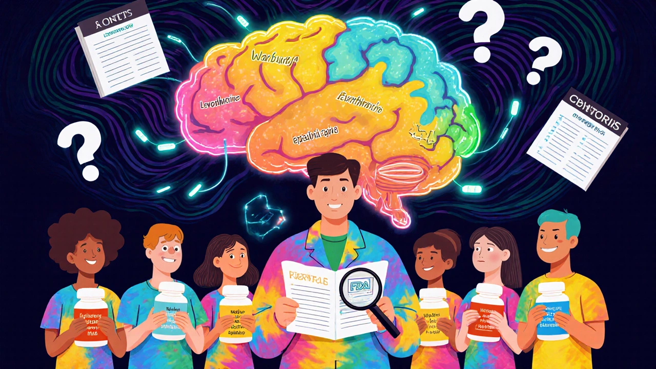 Patients connected to a glowing brain by threads, with a U.S. map showing state drug substitution rules in vibrant hues.