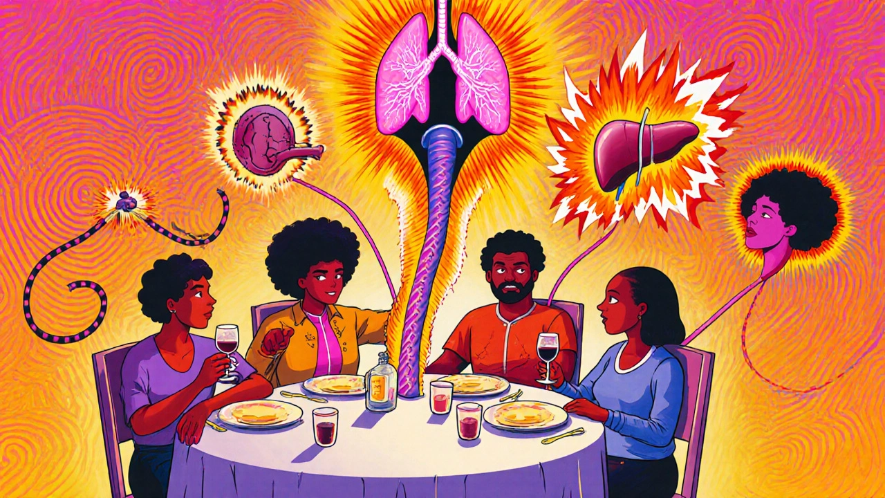 People at dinner with glowing warning tendrils connecting drinks to dangerous body effects.