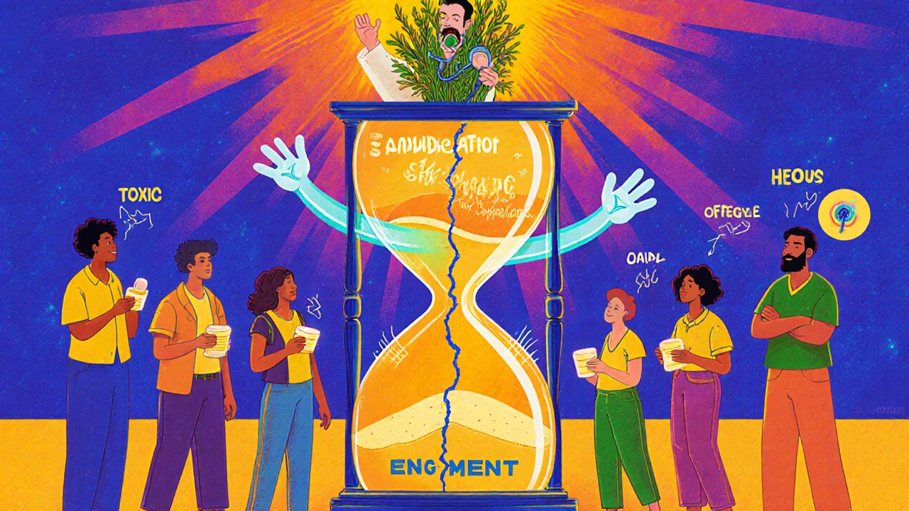 People divided by an hourglass as an enzyme turns medication into danger, with a doctor urging caution in vibrant colors.