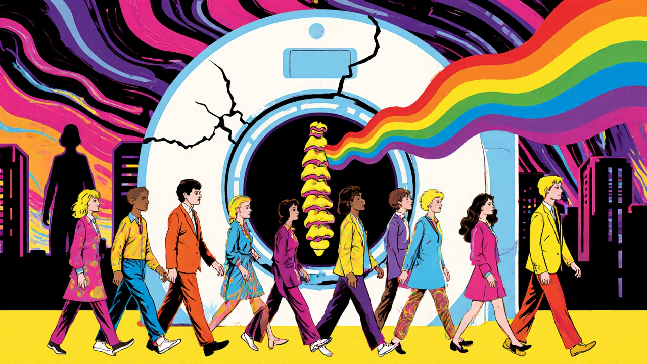 People passing a cracked vertebra door while shadowy conditions loom behind.