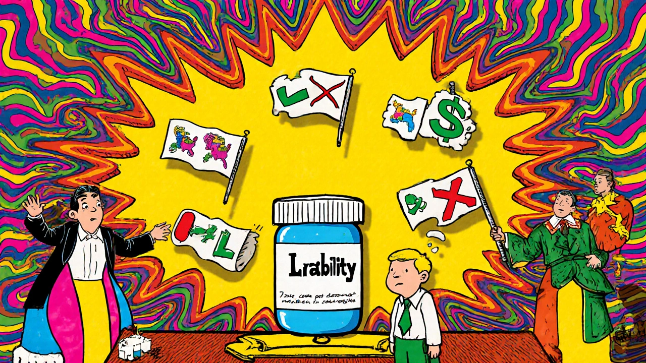 Pharmacist in a courtroom surrounded by floating state flags and a scale balancing health and money.