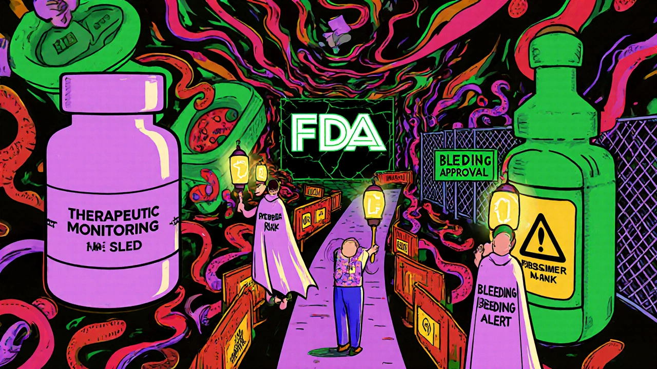 Pharmacists in capes guide patients through a maze of giant pill bottles and blood vessels, with warning signs and vibrant psychedelic lighting in the background.