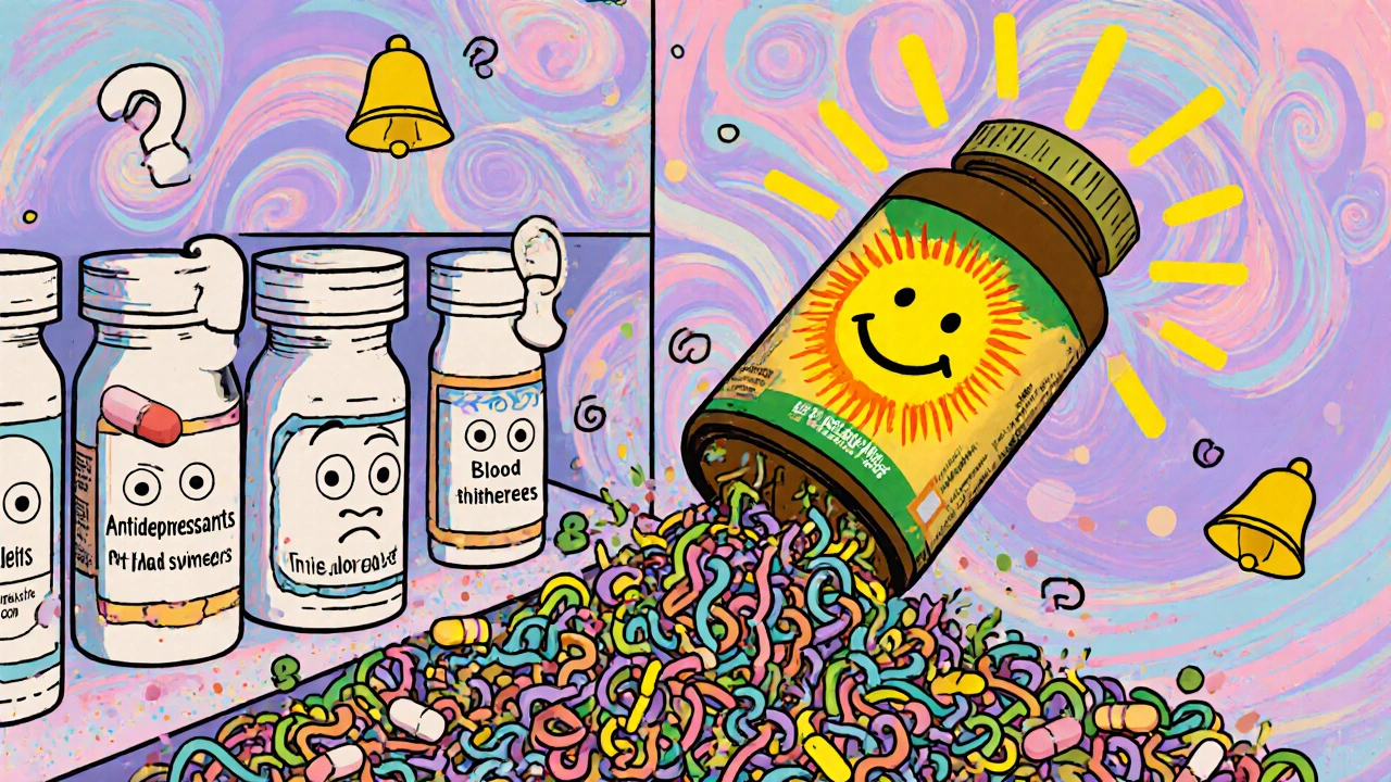 Prescription bottles being destroyed by a chaotic spill from a smiling St. John’s Wort herb bottle in a cosmic pharmacy.