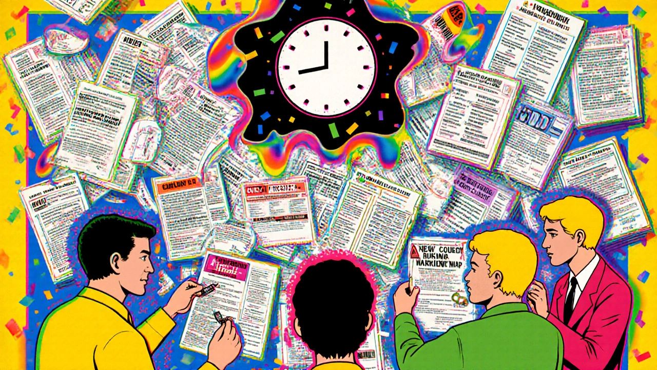 Regulatory staff monitoring weekly drug label updates on a wall of printouts, with PLR sections and NDC numbers swirling around them.