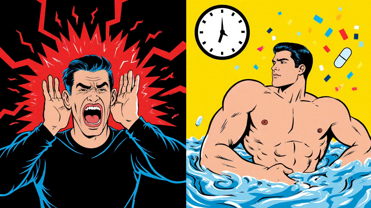 Split image: one side shows chaotic tinnitus, the other shows calm with soft ripples and a dissolving pill.