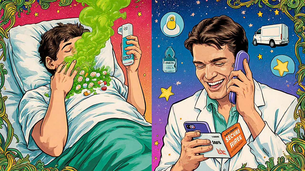 Split scene: one side shows a patient poisoned by fake pills, the other shows safety with a licensed pharmacist.