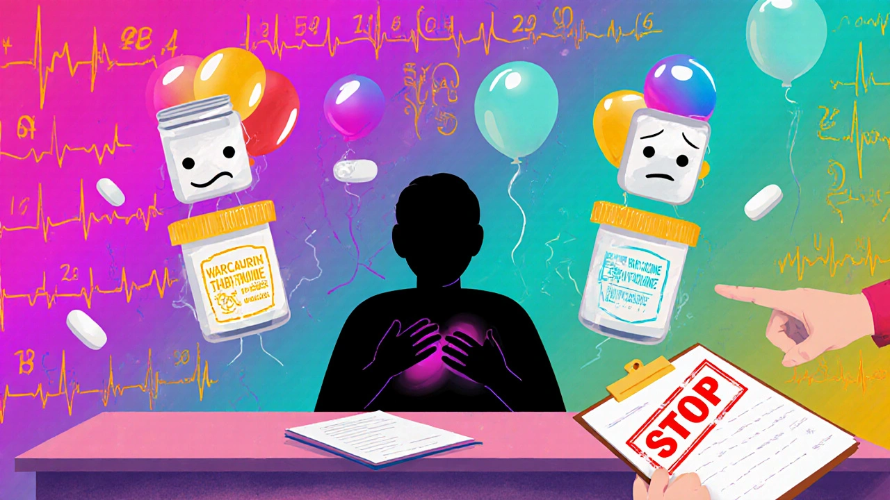 Three generic NTI pill bottles with expressive faces float above a pharmacy counter as a patient clutches their chest, surrounded by medical symbols and glowing numbers.