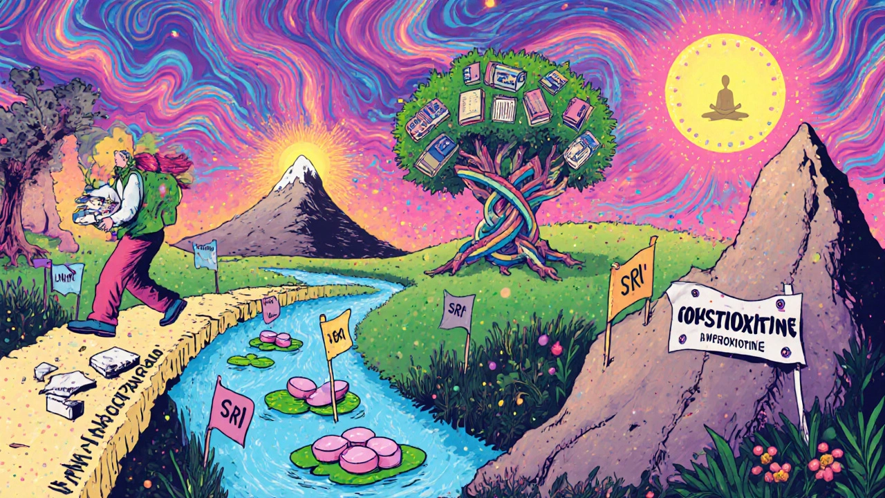 Winding path through colorful landscape symbolizing antidepressant transition and recovery