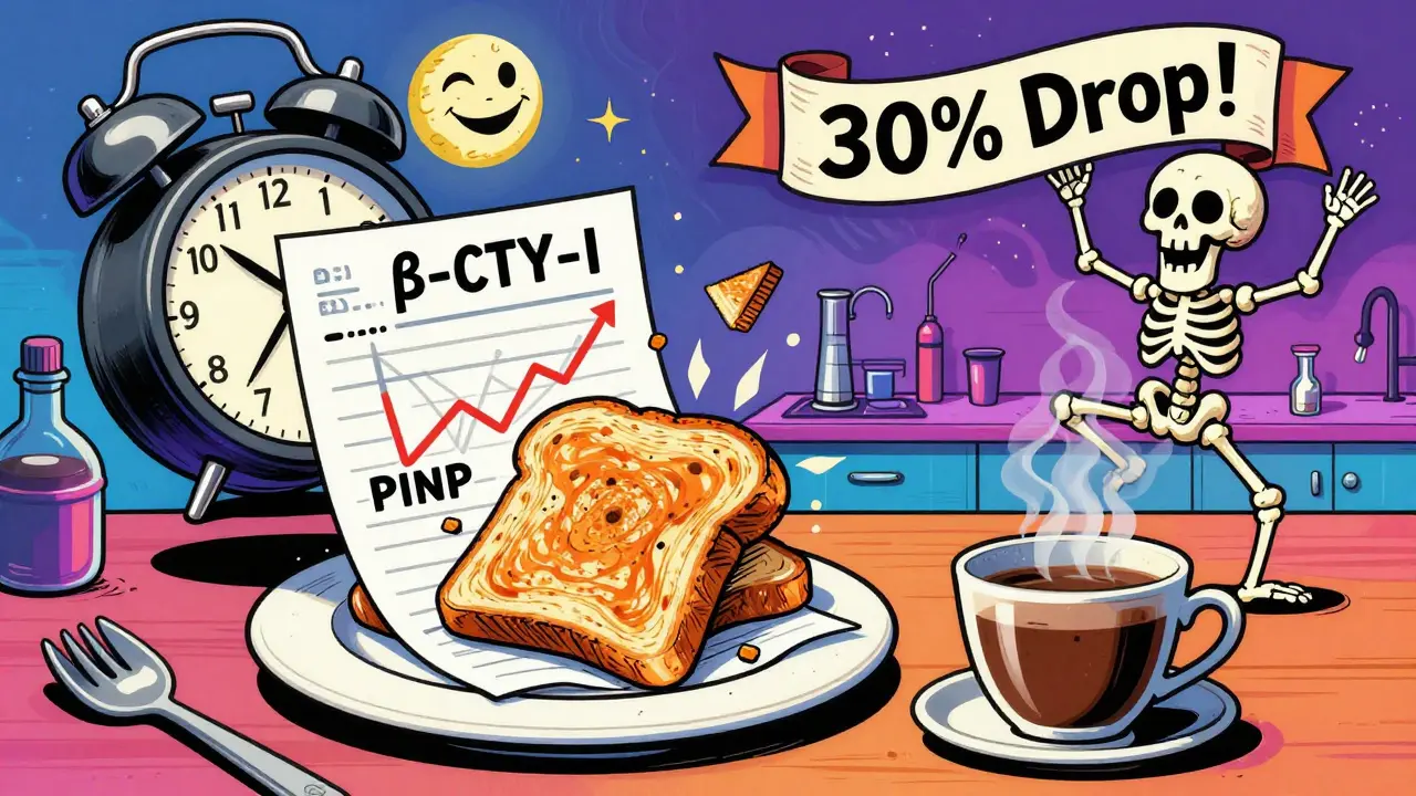 A breakfast plate turning into a lab report with bone markers, a fasting clock, and a dancing skeleton.
