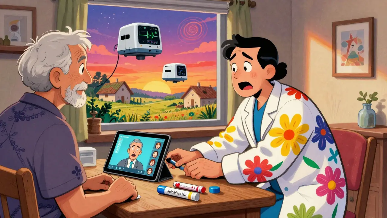 A community health worker visits an elderly patient at home, with virtual appointment screens and floating diagnostic hubs in a warm, cosmic setting.