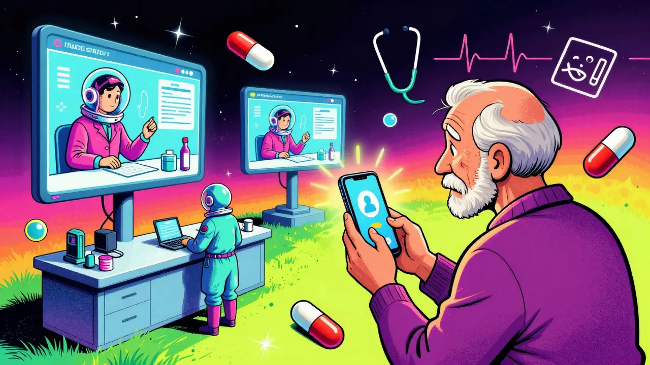 A digital pharmacy hub with pharmacists on screens and an elderly patient on a video call, surrounded by glowing medical icons in psychedelic colors.
