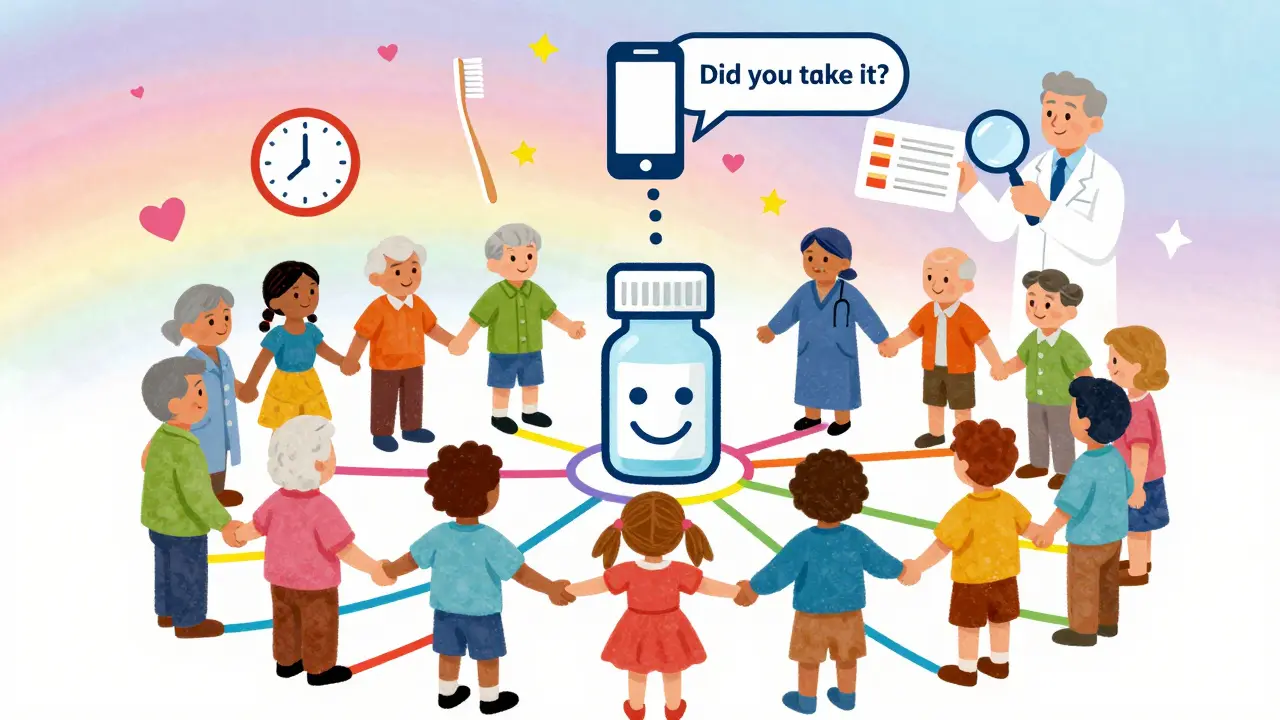 A diverse group of seniors and caregivers holding hands around a smiling pill dispenser, connected by colorful energy lines.