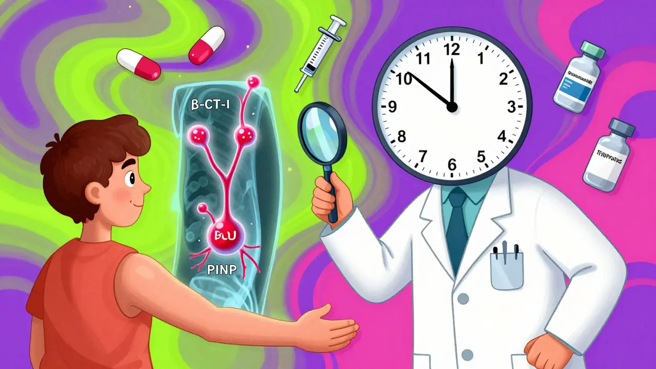 A doctor examining glowing bone molecules in a patient’s arm, with medication icons and fast-moving time symbols.