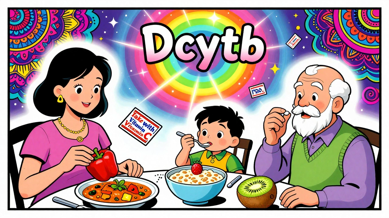 A family dinner with vitamin C-rich foods enhancing iron absorption under a glowing enzyme.