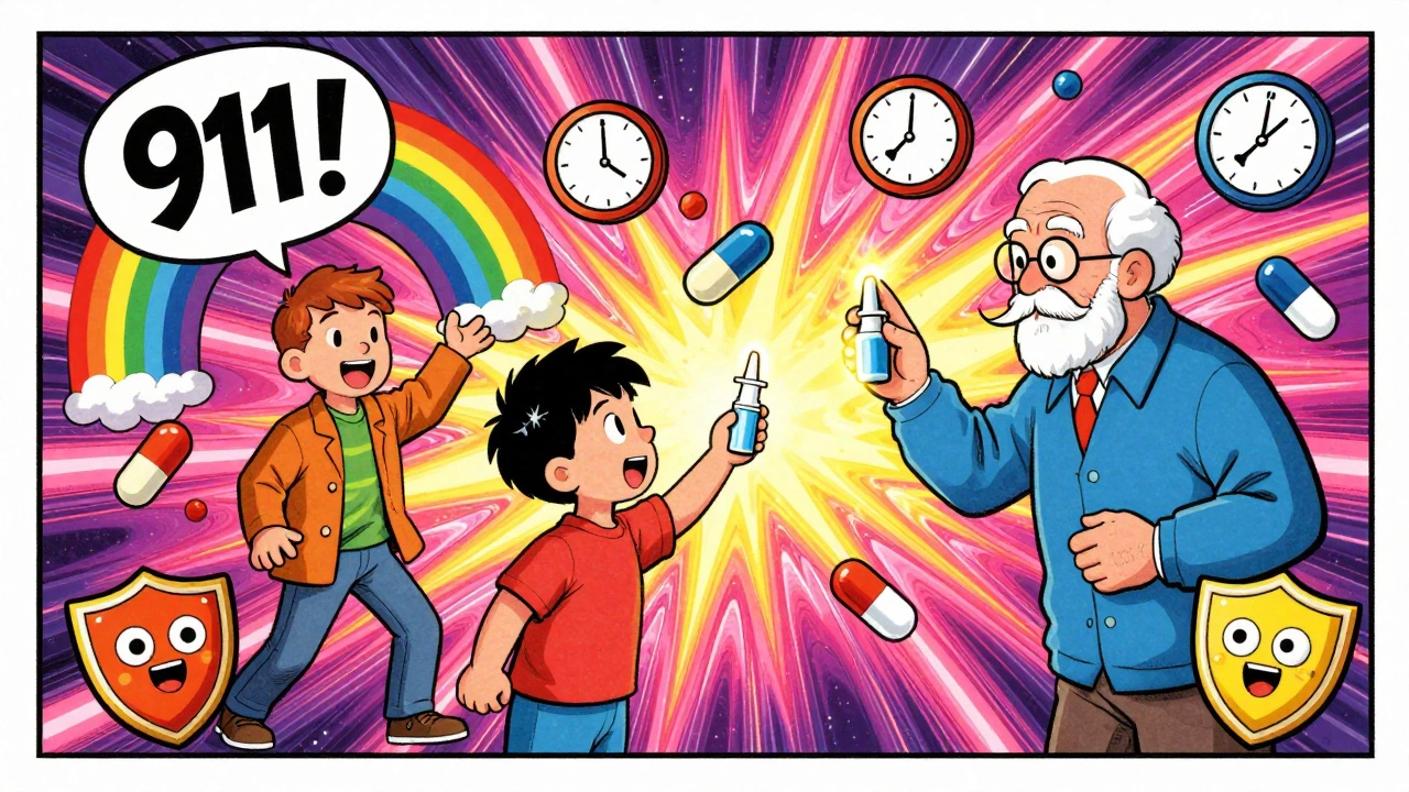 A family practices overdose response with glowing naloxone sprays and rainbow emergency icons.