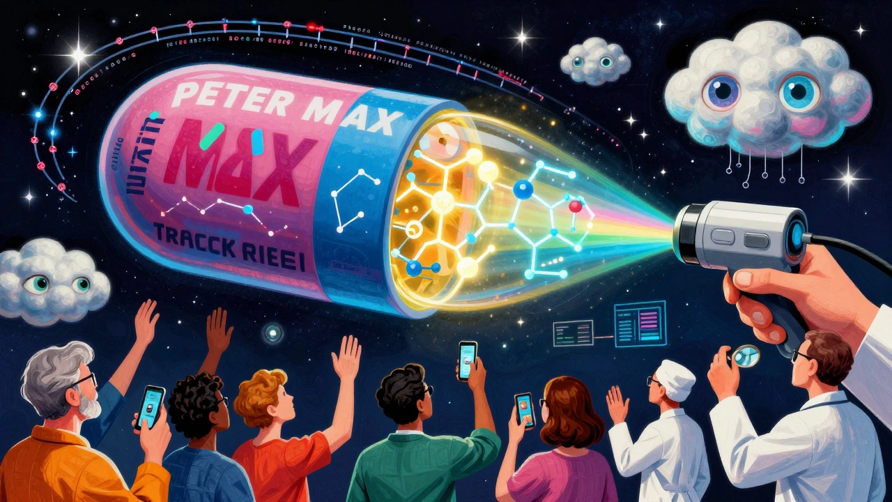 A giant pill with three verification layers glowing in cosmic psychedelic colors under spectroscopy light.