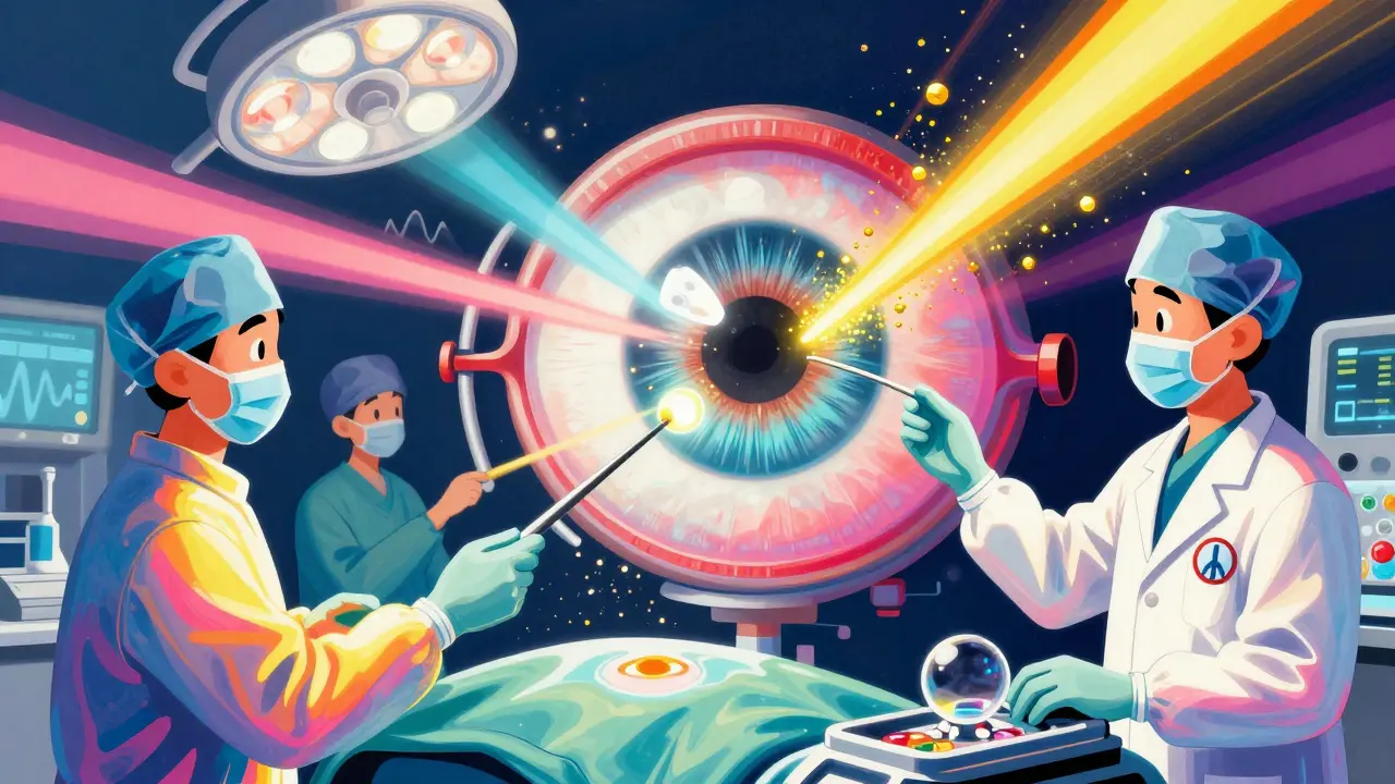 A glowing intraocular lens is inserted into a giant eye, surrounded by rainbow light and ultrasound waves.
