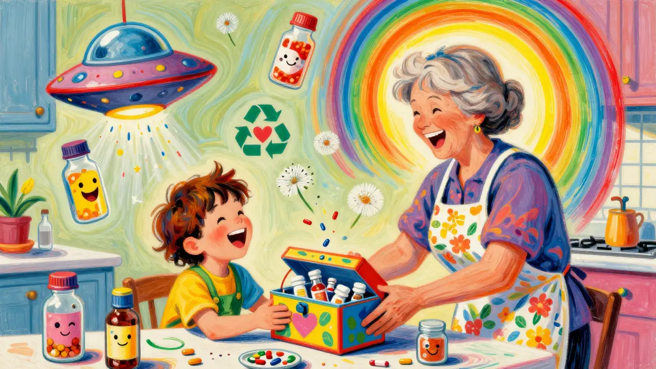 A grandmother gives a lockbox to a grandchild in a bright kitchen, with floating medicine bottles turning into friendly faces.