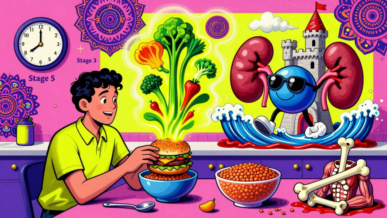 A kitchen transformation where food turns into glowing plants, and a bicarbonate molecule rides a blood wave.