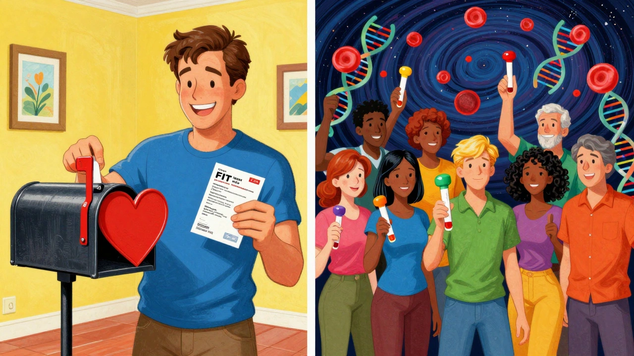 A man mailing a stool test kit while others celebrate with floating DNA and blood cells.