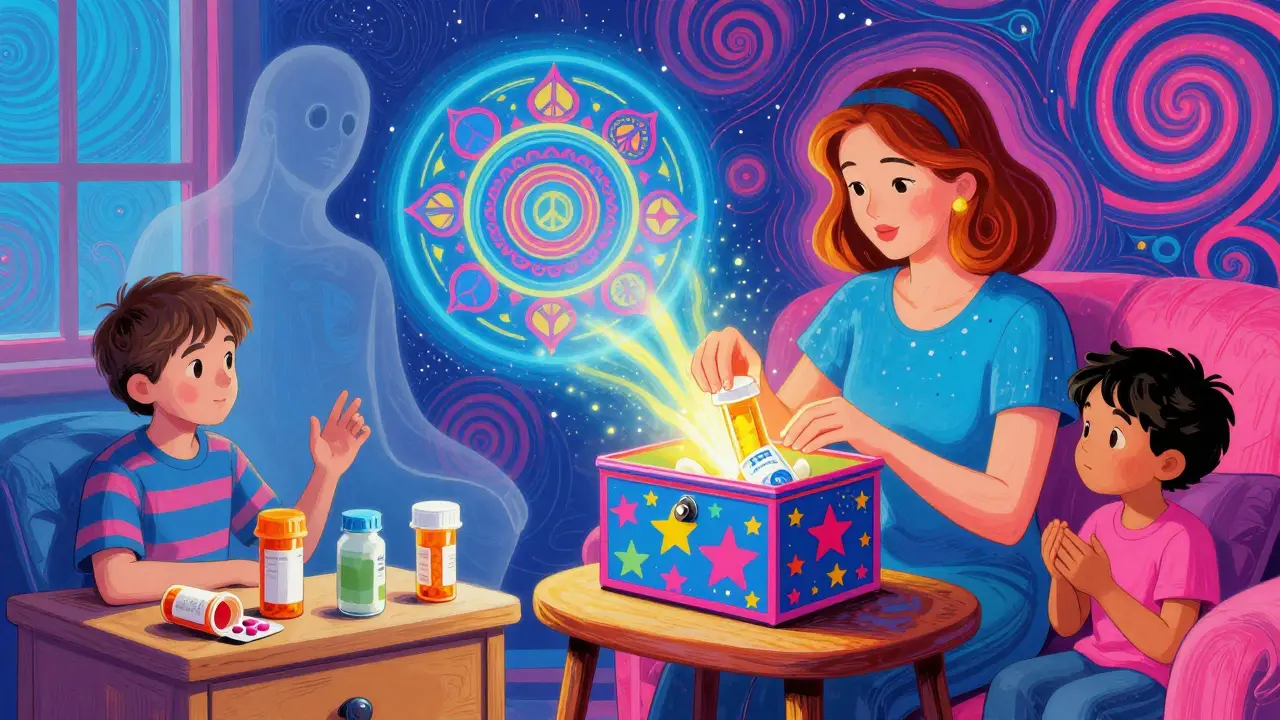 A mother locks medications in a psychedelic box while family members play nearby, open pill bottles fading away.