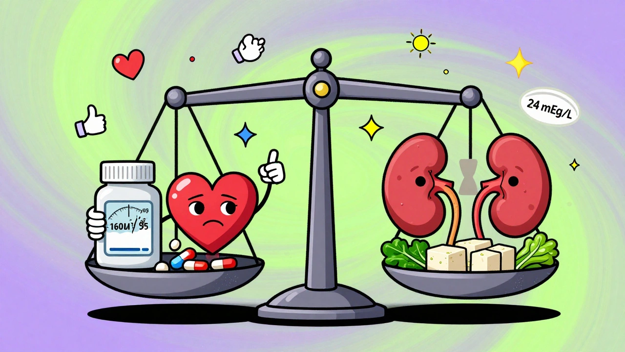 A patient balancing sodium pills against healthy foods on a cosmic scale, with vibrant colors.