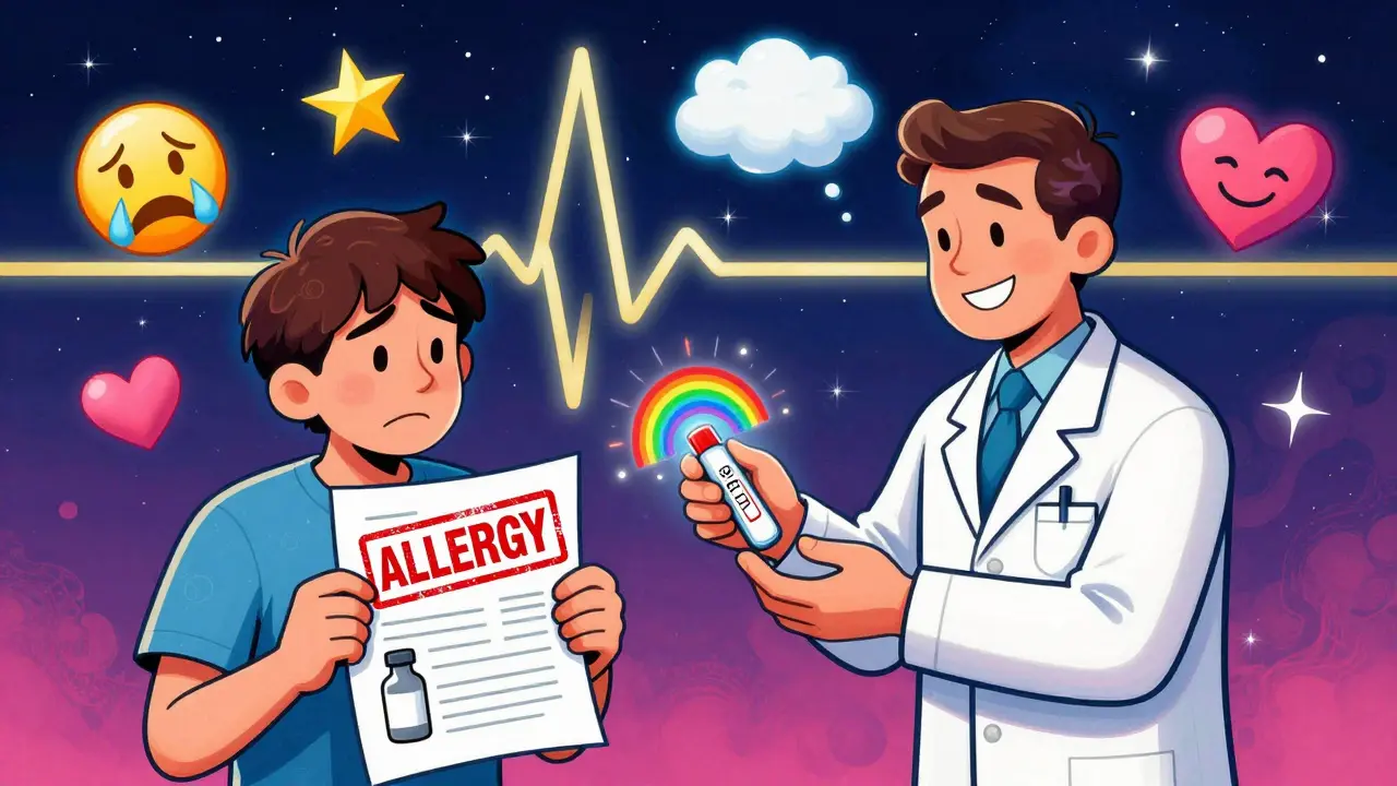 A patient with a medical chart being helped by a pharmacist, surrounded by floating icons of allergy and side effect symptoms.