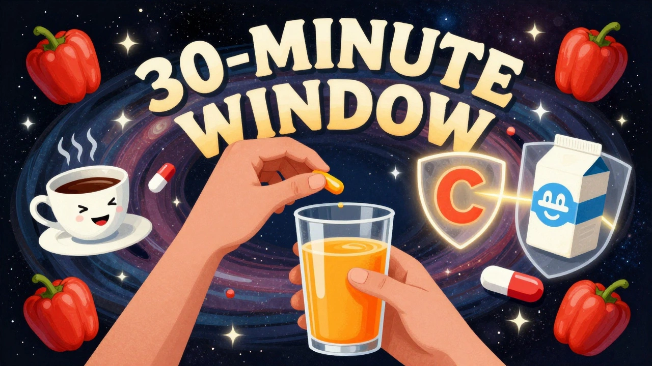 A person taking iron with orange juice while coffee and dairy are pushed away by vitamin C shields.