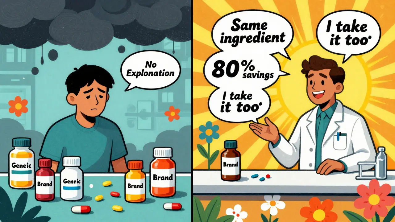 A pharmacist explains generics to a patient, with contrasting dark and light sides showing the impact of communication.