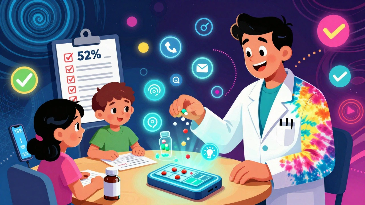 A pharmacist filling a smart pill organizer while a family watches, surrounded by glowing alarms and cosmic patterns in Peter Max style.