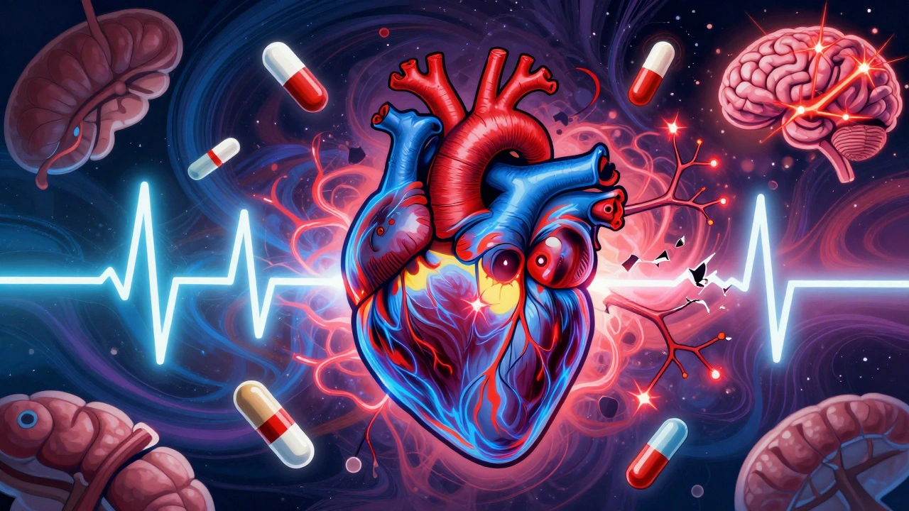 A pulsing heart with dangerous drugs nearby and a broken ECG line in vibrant cosmic style.