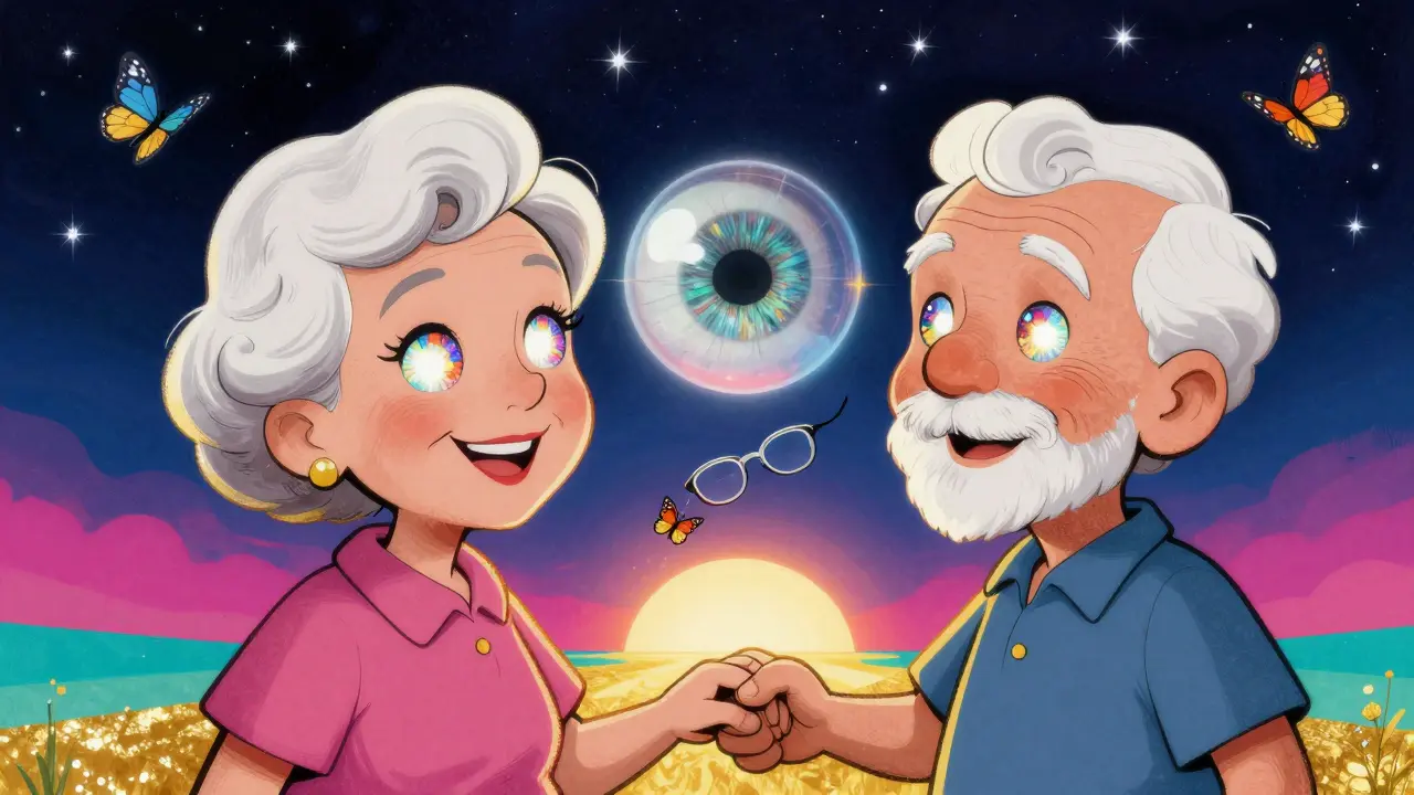 A senior couple under a starry sky with radiant eyes, symbolizing restored vision and colorful renewal.