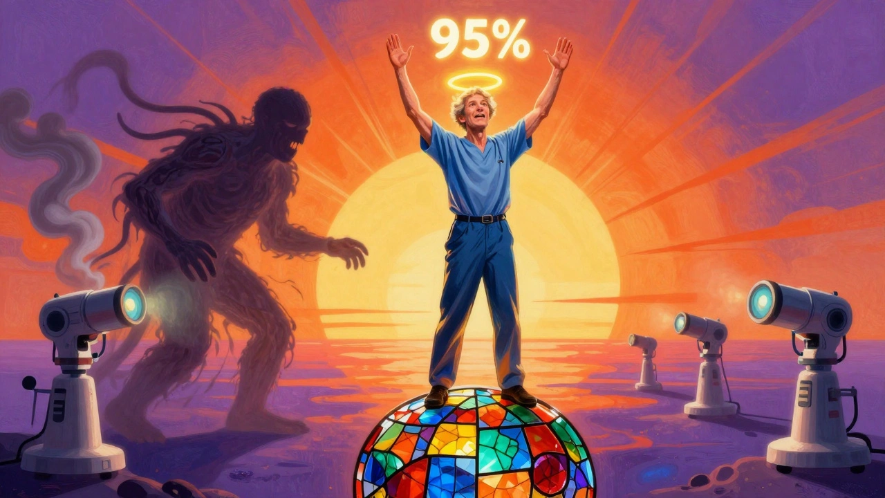 A survivor standing on a stained-glass colon with a 95% survival halo, cancer fading behind.