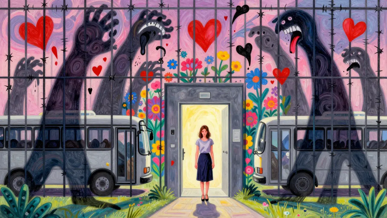 A woman trapped by looming fear symbols of public places, with hopeful flowers blooming behind her.