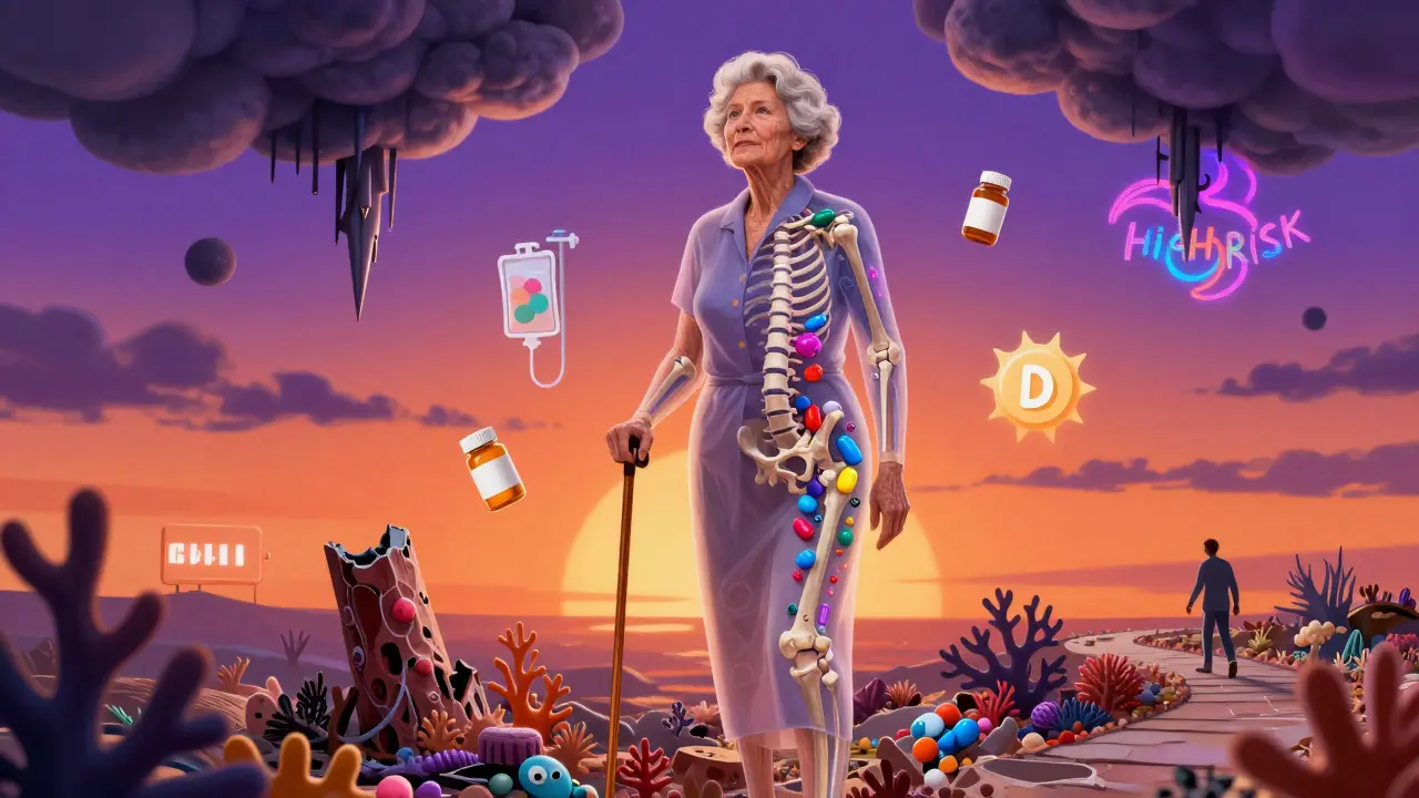 A woman with translucent bones shows bisphosphonates protecting her spine from crumbling in vibrant art style.