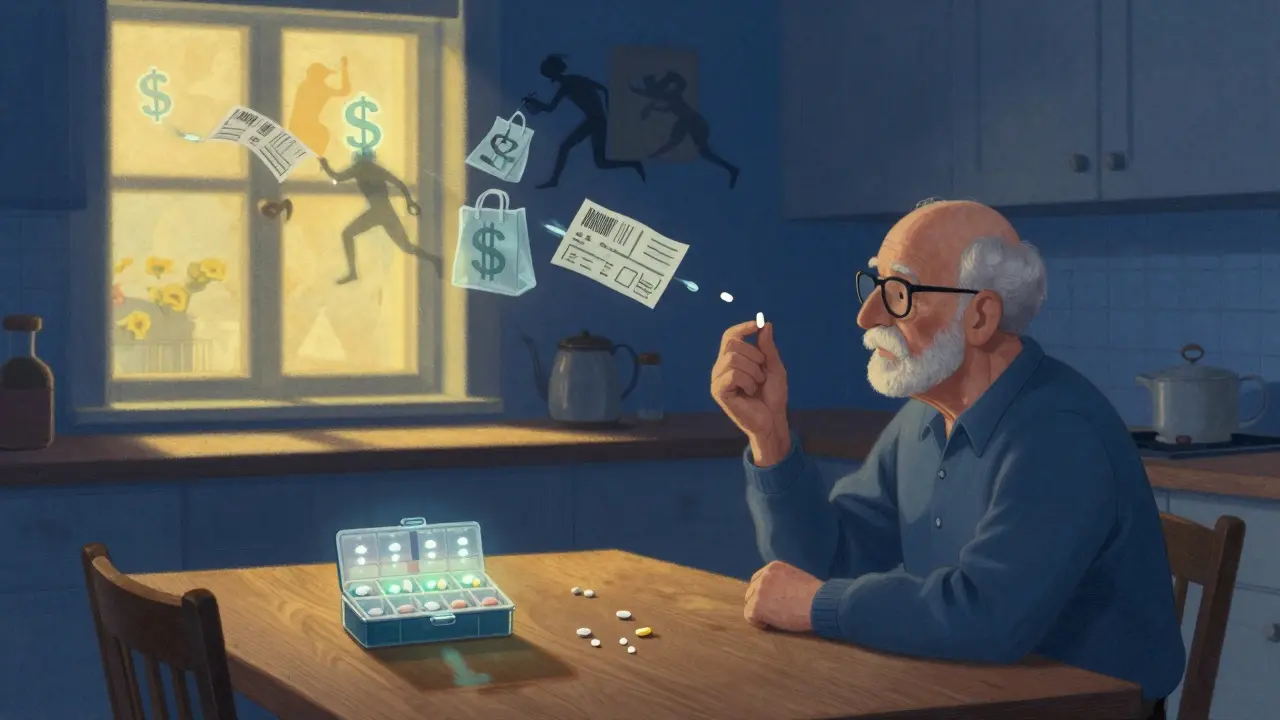 An older man holding a pill as dollar signs and bills pull it away, symbolizing cost struggles and isolation.
