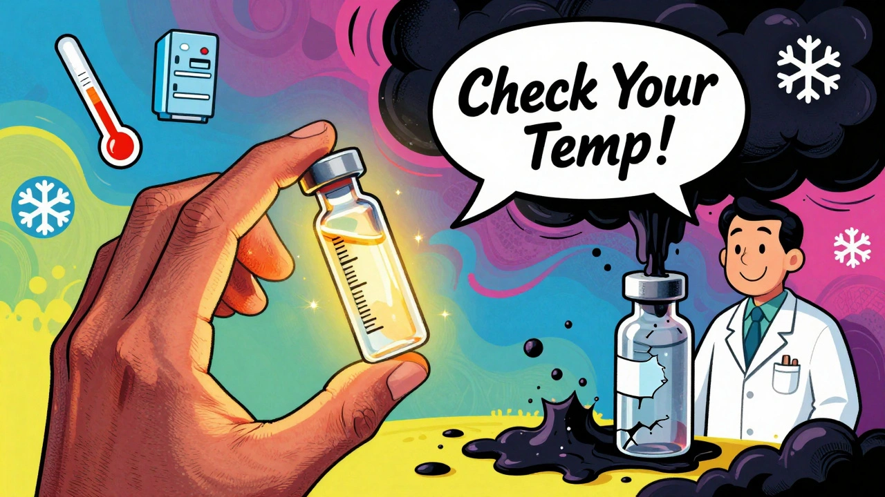 Clear insulin vial glowing beside damaged one, pharmacist speaking, floating icons of thermometer and warning snowflake.