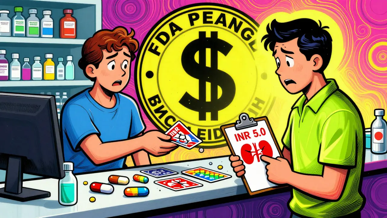 Colorful generic pills are swapped at a pharmacy counter while a patient holds a cracked kidney icon and red INR stamp.